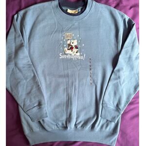 Snowhappens! Cute Blue Winter Crewneck Holiday Sweater Women Large w/ Polarbear